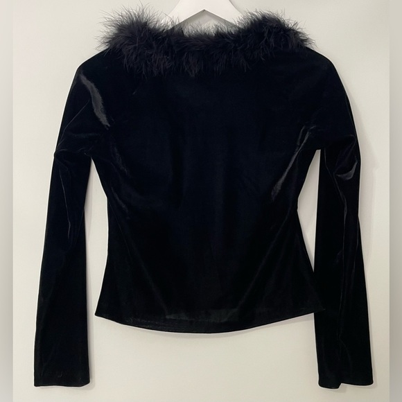 VTG Necessary Objects Y2K Feather Trim Collar Long Sleeve Velvet Top Black M - Picture 4 of 4